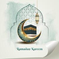 islamic ramadan kareem card design with crescent moon, lanterns and holy kaaba vector