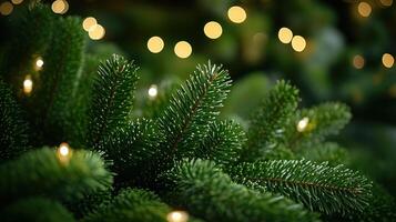 Pine branches twinkle softly with warm lights, creating a cozy holiday atmosphere photo