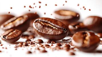 Rich coffee beans spread across a surface with ground coffee adding texture photo