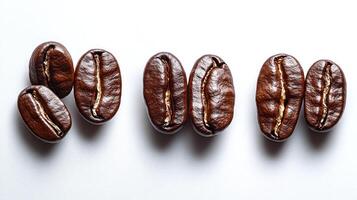 Roasted coffee beans displayed to highlight their glossy texture and unique shapes photo