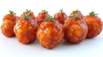Savory meatballs coated in a rich glaze, artfully arranged with herb tops photo