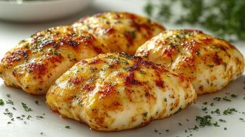 Savory baked fish fillets seasoned and beautifully presented on a white plate photo