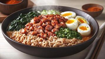 Tasty ramen with tender meat, marinated eggs, and fresh vegetables for warmth photo