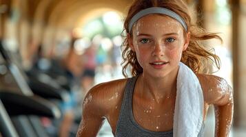 A young athlete exudes focus and sweat while training vigorously in a bright gym photo