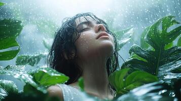 A woman enjoys a peaceful moment in a vibrant rainforest, embraced by rain and greenery photo