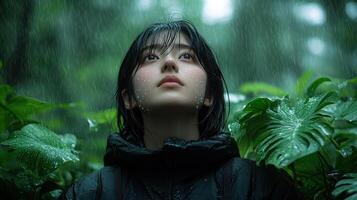 A person admires the vibrant forest and gentle rainfall around them photo