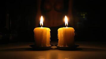 Soft candlelight flickers, creating a tranquil atmosphere in the dim room photo