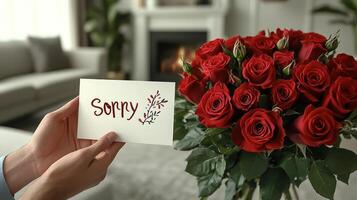 A person holds a heartfelt note that reads sorry next to a bouquet of red roses photo