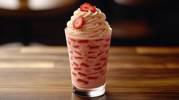 A delightful dessert with a swirl of whipped cream and fresh strawberries on top photo