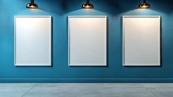 Three blank frames hang on a deep blue wall, illuminated by industrial-style lamps photo