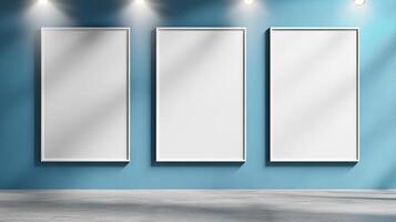Three empty frames on a vibrant blue wall invite artistic expression and imagination photo