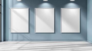 Bright sunlight streams through large windows, illuminating blank frames on the wall photo