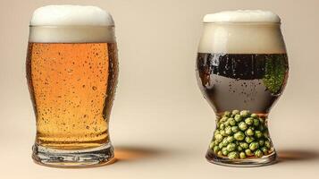 Two distinct craft beers showcase colors and textures in a cozy setting photo