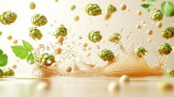 Hops and barley leap from the water's surface, splashing joyously in a warm glow photo