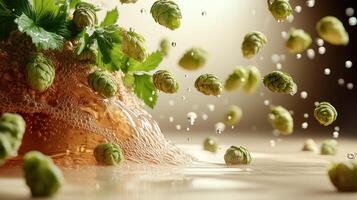 Fresh hop cones dancing in a bubbly golden liquid, highlighting craft brewing magic photo