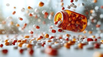 Capsules spill from a jar, creating a vibrant display against a soft, natural backdrop photo