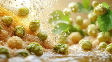 Fresh hops splash into amber liquid, creating a lively, frothy display of nature's bounty photo