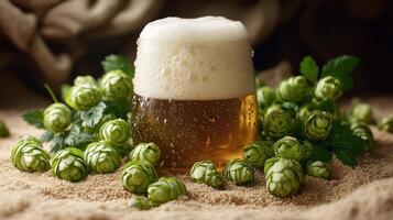 Golden beer with foam surrounded by vibrant hops invites a sense of artisanal brewing photo