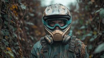 A person in a gas mask explores a dense, overgrown area shrouded in mist photo