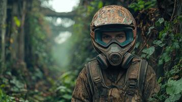 In a dense jungle, an explorer cloaked in mud stands ready, surrounded by rich greenery photo