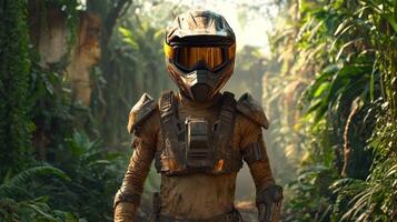 An armored adventurer strides confidently through dense, vibrant foliage photo