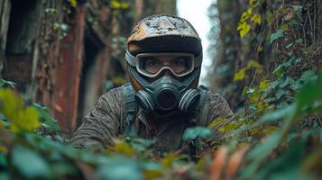 A lone figure in a gas mask crawls through a dense overgrowth in a forgotten urban area photo