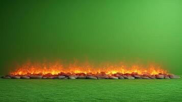 Flames flicker above smooth stones, contrasting with a deep green backdrop photo