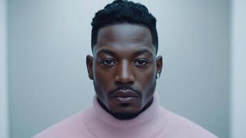 A confident man in a pink turtleneck captivates with his striking gaze in a soft-lit room photo