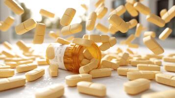 Yellow tablets scatter energetically around an overturned prescription bottle photo
