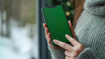 A person gently navigates their smartphone while cozying up by a winter window photo