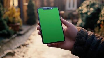 A person displays a smartphone with a vibrant green screen surrounded by lush plants photo