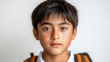 A young boy stands with a calm expression, ready for school with his backpack on photo