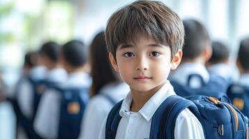 A boy stands in a busy hallway, looking curiously at his surroundings with a backpack photo
