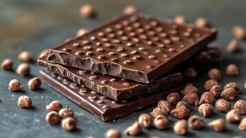 Rich dark chocolate bars with textured surfaces lie among scattered cocoa nibs photo