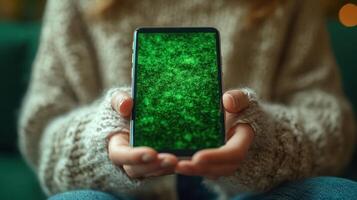 Warm hands hold a smartphone showcasing lush green textures in a cozy atmosphere photo