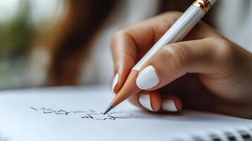 A hand with white nails skillfully writes in a notebook, creating a moment of creativity photo
