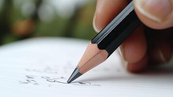 A hand grips a pencil, crafting thoughtful notes in a tranquil, green environment photo