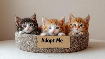 Three cute kittens sit together in a basket, playfully gazing with hopeful eyes photo