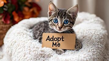 A tabby kitten sits adorably on a soft blanket, encouraging adoption with a sign photo