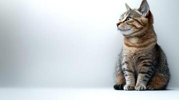 A tabby cat sits quietly, gazing thoughtfully to the side, embodying serenity photo
