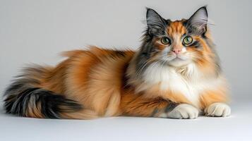 A beautiful calico cat rests serenely, showcasing its stunning fur and captivating gaze photo