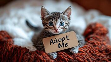 A cute kitten holds a sign begging for a loving home while snuggled in a soft blanket photo