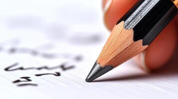 A hand holds a sharpened pencil as it touches the paper, capturing fleeting ideas photo