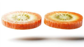 Carrot and kiwi slices are floating gracefully against a bright, clean backdrop photo