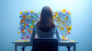 A person thoughtfully observes a wall filled with vibrant sticky notes while working photo