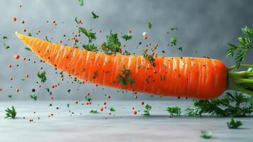 A carrot floats amidst herbs and spices, evoking culinary delight photo