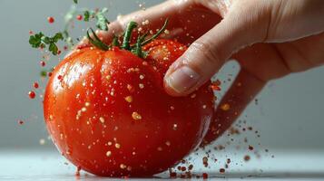 Water droplets sparkle as hands prepare a fresh tomato for an exciting culinary creation photo