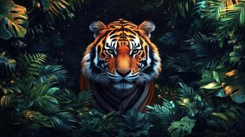 A striking tiger moves gracefully through dense jungle greenery at twilight photo