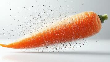 A vibrant carrot floats gracefully, adorned with a dusting of salt in mid-motion photo