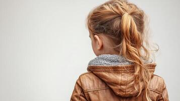 A child gazes thoughtfully at a plain backdrop, lost in curiosity and wonder photo